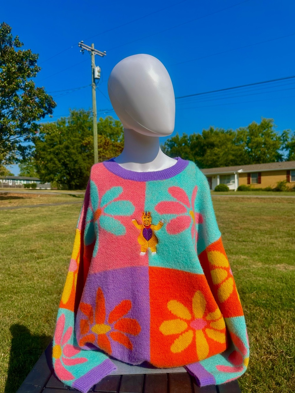 Buddy Horror Embroidered Colorblock Floral Knit Sweater in Aqua, Purple & Orange
